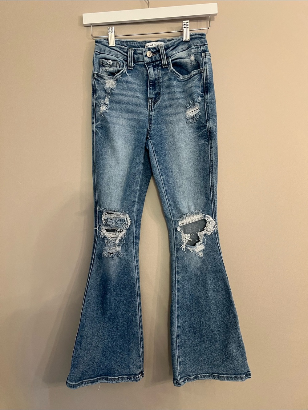 Flying Monkey High Rise Distressed Flare Jeans Medium Wash